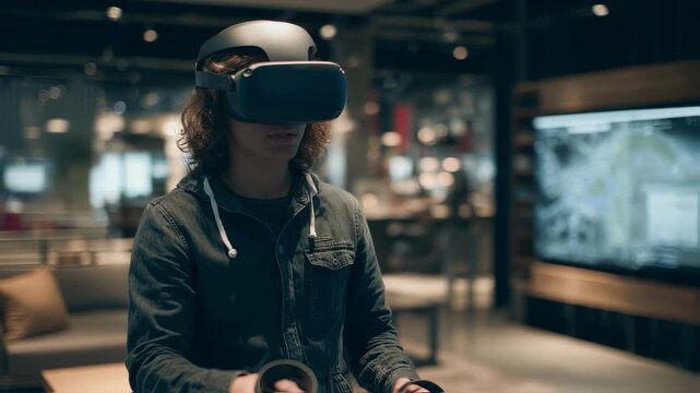 Medium shot capturing a visitor using motion controllers within a VR showroom the detailed floor design is crisp and clear while ambient virtual space remains softly out of focus.