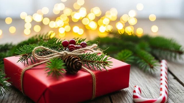 Christmas gifts wrapped in paper with trees and a house lantern