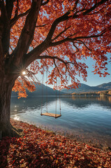 Swing hanging from a tree surrounded by golden grasses under a warm sunset i