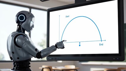 AI Demonstrating Analytical Insights: In a modern classroom setting, an advanced AI robot, with a sleek, metallic design. - Powered by Adobe