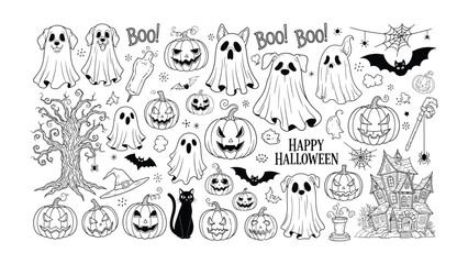 Spooky Halloween Elements: A whimsical assembly of Halloween-themed illustrations, from grinning jack-o'-lanterns to playful ghosts, and haunting trees, offering a touch of spooky charm. 