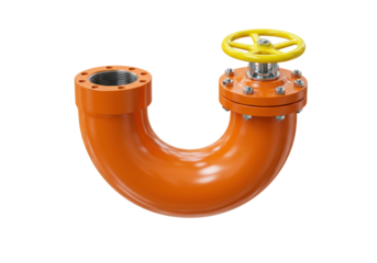 Isolated orange pipe with valve, connected by flange, suitable for water, gas or oil supply