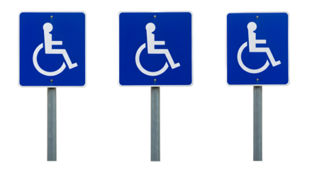 Set of three wheelchair accessibility signs isolated on white background, disability access icons for public facilities, hospitals, transportation, and inclusive design, perfect for healthcare and saf