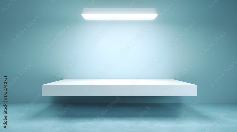 Wall mural a modern minimalist studio with a floating white shelf and soft overhead lighting ideal for display 