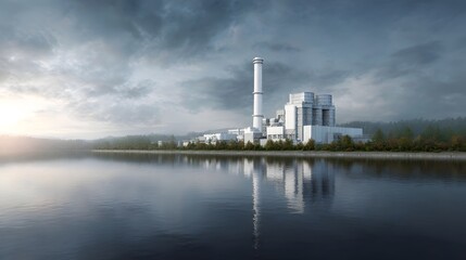 A modern industrial power plant complex beside a calm lake under an overcast sky with its reflection mirrored in the water