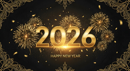Golden 2026 New Year design with fireworks a festive illustration for holiday greetings and celebrations on a dark background