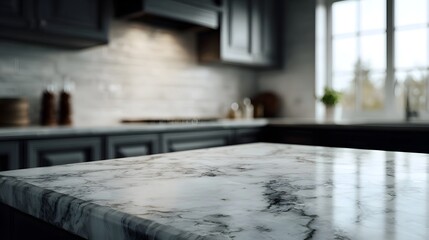 Elegant marble kitchen countertop with natural daylight and ample space for product placement