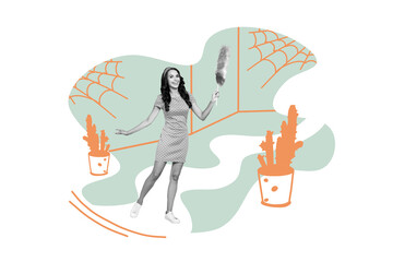 Creative collage houseworker woman service duty cleanup room apartment spider web dust houseplant interior drawing background