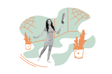 Creative collage houseworker woman service duty cleanup room apartment spider web dust houseplant interior drawing background