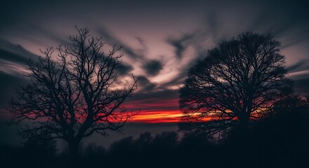 Dramatic sunset with silhouetted trees and vibrant sky