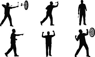 Set of diverse darts player silhouettes, captured in different dynamic poses while throwing, aiming, and celebrating, for a sports and recreation concept © Miss