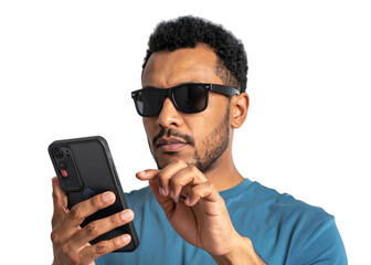 Black man holding a mobile phone isolated photo