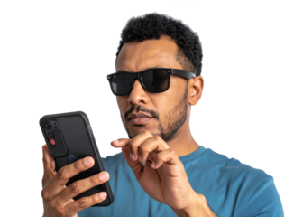 Black man holding a mobile phone isolated photo
