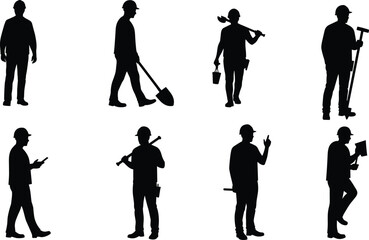 Silhouettes of diverse construction workers and laborers in various poses with tools, isolated on a white background for design