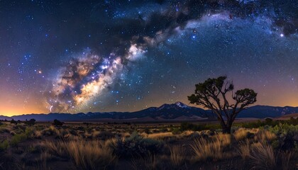 A sweeping panorama showcases the Milky Way's luminous bands arcing over a mountainous desert landscape at dusk, with a lone tree in the foreground