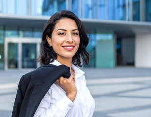 Smiling woman in white shirt, black jacket