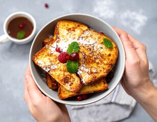 Hands holding a bowl of French toast topped with berries and mint