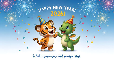 Cute tiger and dragon cartoon characters celebrating Happy New Year 2026 wearing party hats festive illustration for greeting cards and holiday designs