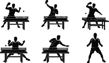 Set of diverse table tennis player silhouettes, captured in different dynamic poses while playing, serving, and reacting, illustrating the fast-paced sport