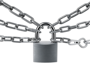 Heavy duty padlock secured by multiple thick metal chains