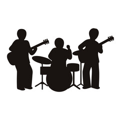 Silhouette of a Musical Band Performing with Guitars and Drums on Stage