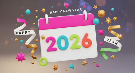 Festive 2026 New Year calendar colorful 3D render with confetti and ribbons perfect for holiday greetings and event promotions
