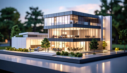 Modern office reception area with city views
4