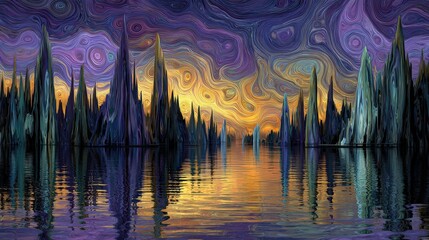 Obraz premium Vivid, swirling colors paint a surreal landscape, featuring jagged, towering formations reflected in calm, mirrored water under a vibrant, textured sky, creating an abstract, dreamlike scene.