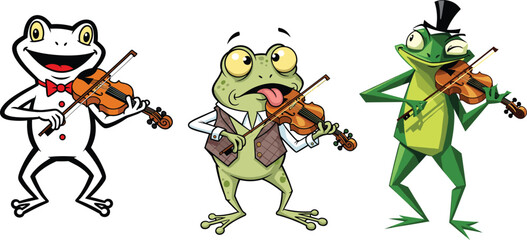 Cartoon frogs playing violins illustration, funny amphibian musician character vector for music education, entertainment, children’s books and creative design conceptsCartoon frogs playing 