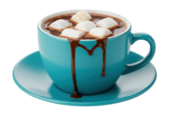 Isolated mug of hot chocolate with marshmallows overflowing the brim, teal cup and saucer