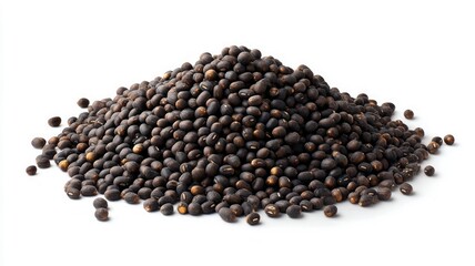 Pile of black mustard seeds on white background. AI image