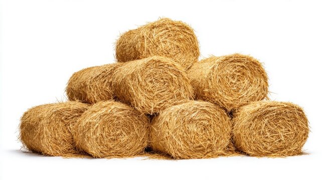 Golden hay bales stacked on white background. AI image