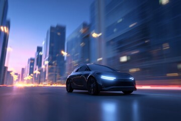 A sleek black car moves swiftly on a city road lined with tall buildings glowing in twilight. The blurred lights create a sense of motion and excitement in an urban environment