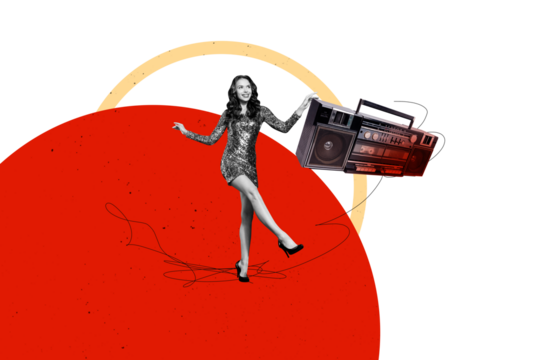 Composite photo collage of happy girl dance retro vintage boombox device music player disco occasion isolated on painted background