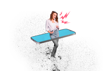 Composite photo collage of happy girl curly brunette ponytails peek screen phone device online shopping isolated on painted background