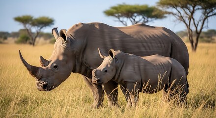 Fototapeta premium White Rhinoceros Mother and Calf in Savanna.