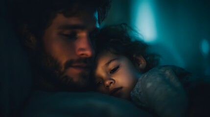 A father lovingly embraces his child in the warm glow of night