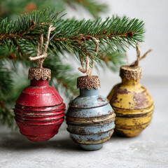 Vintage Rustic Christmas Ornaments Hanging on Pine Branch – Shabby Chic Holiday Decor