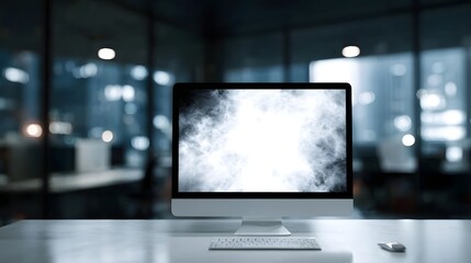 Naklejka premium Modern computer setup on a desk in a blurred office background at night