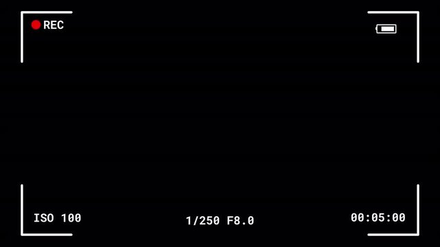 Camera Recording HUD with FPS and Exposure Data on Black. Video camera interface with REC icon, ISO, aperture, shutter speed, FPS, battery, and timer displayed on a black background for overlays.