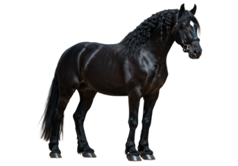 Isolated black horse standing with bridle, looking left with a star on its forehead