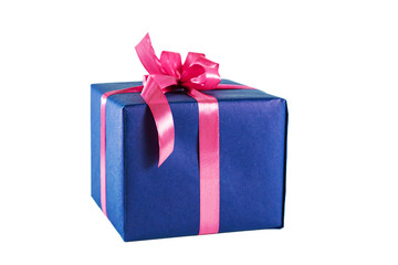Obraz premium Elegant blue gift box with pink bow isolated on white background.
