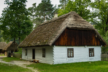 Fototapeta premium This picturesque image features a charming traditional thatched cottage nestled in a serene rural landscape. The whitewashed wooden structure with a steeply pitched straw roof stands surrounded 