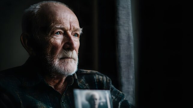 Elderly man lost in thought gazes out a window while holding a cherished photograph