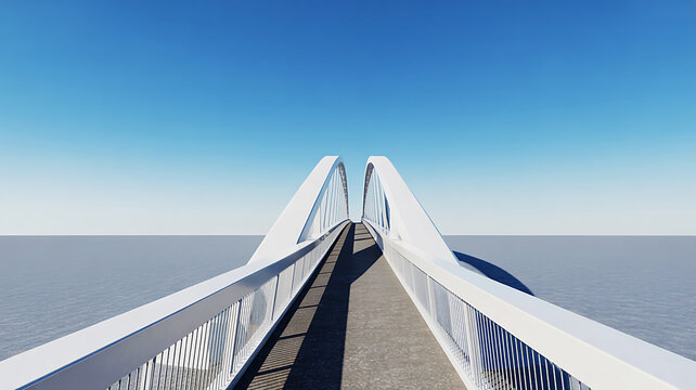 Modern minimalist white arch bridge stretching into the distance under a vast clear blue sky, symbolizing connection and progress