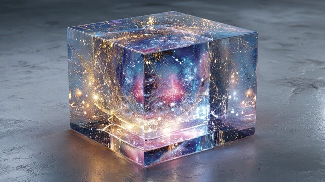 Cityscape Encased - Abstract Cube Reflecting Urban Lights and Night Sky on Metallic Surface.