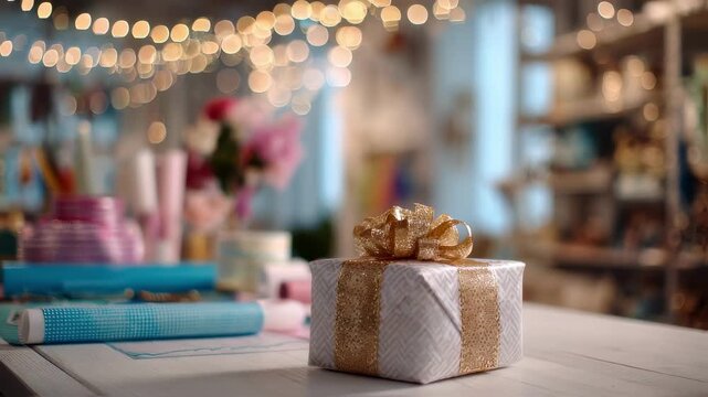 Medium shot highlighting a tidy gift wrapping table with clear focus on a wrapped present and wrapping tools while the background remains softly blurred.