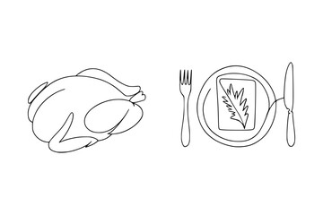 Whole roasted chicken and a plate setting with fork and knife, simple line art for culinary themes