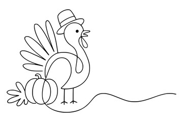 Charming one line drawing of a festive turkey wearing a hat with a pumpkin, perfect for autumn celebrations.