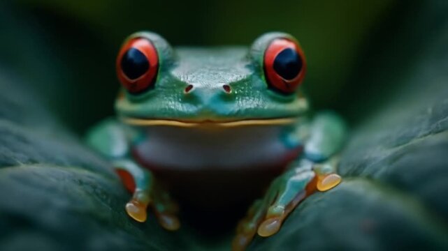 Close-up of a vibrant red-eyed tree frog resting on a dark green leaf